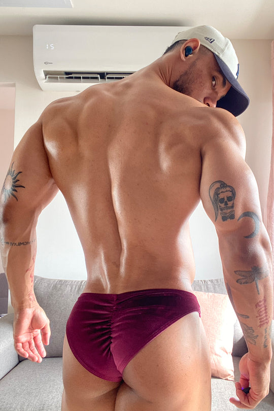 Velvety Scrunch-Butt Bikini Briefs - Maroon